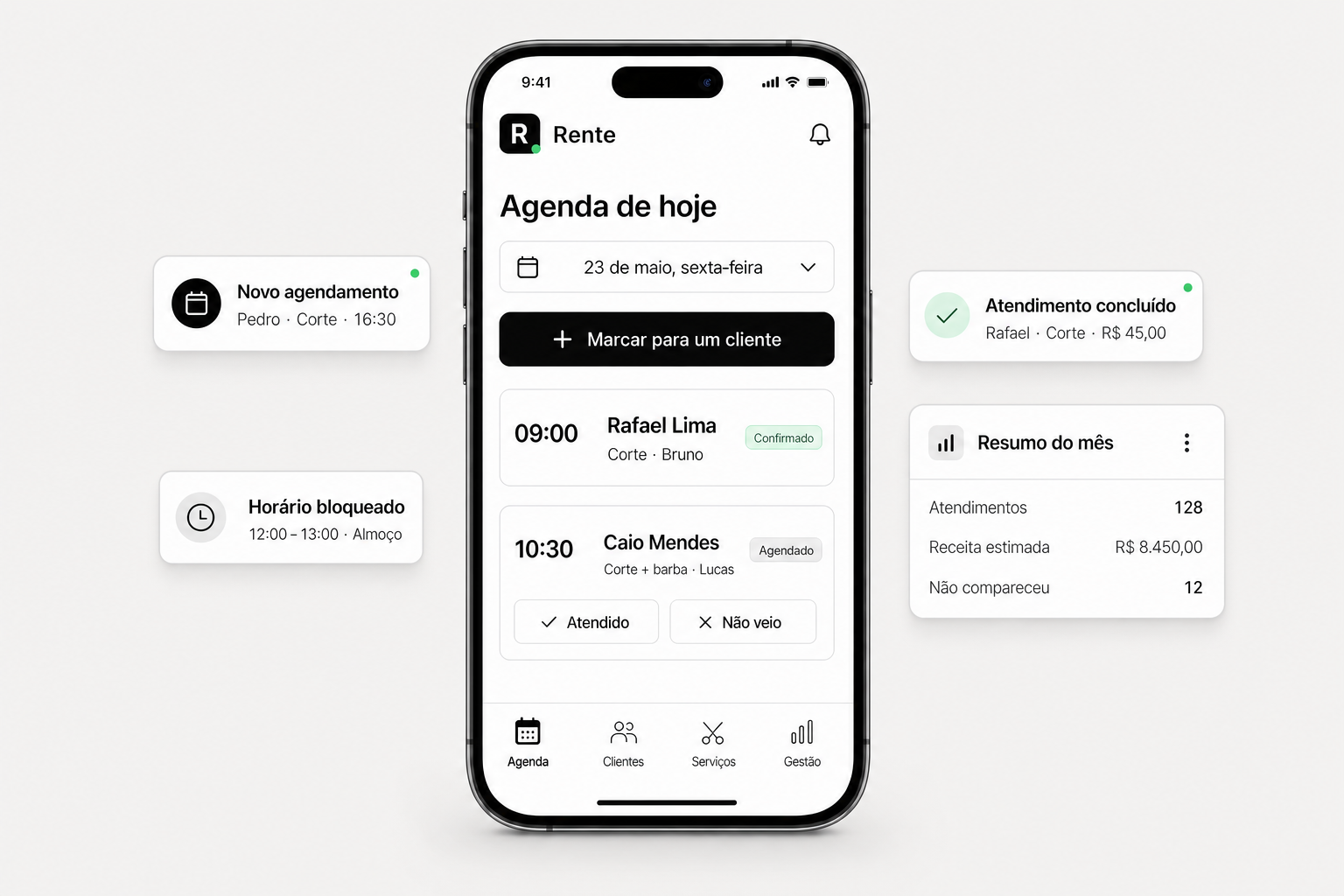 Aplicativo Rente com agenda diária e resumo de gestão da barbearia